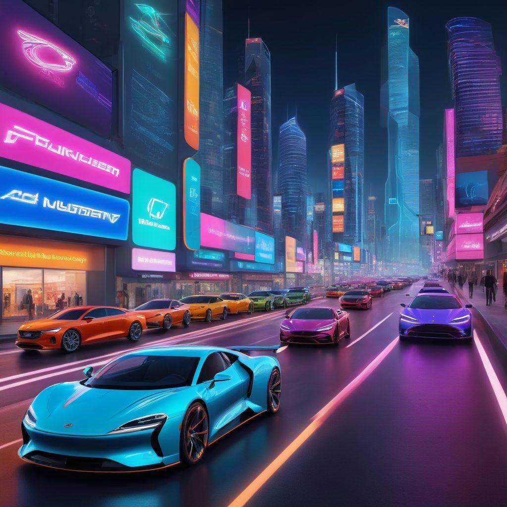 A modern digital highway with diverse cars zooming through, embedded with glowing neon signboards showcasing different car brands and online shopping icons. The background features a blend of circuitry and cityscape, symbolizing technology and commerce merging. Each car is highlighted with data overlays like price tags and reviews. 3D. vibrant colors. futuristic style.