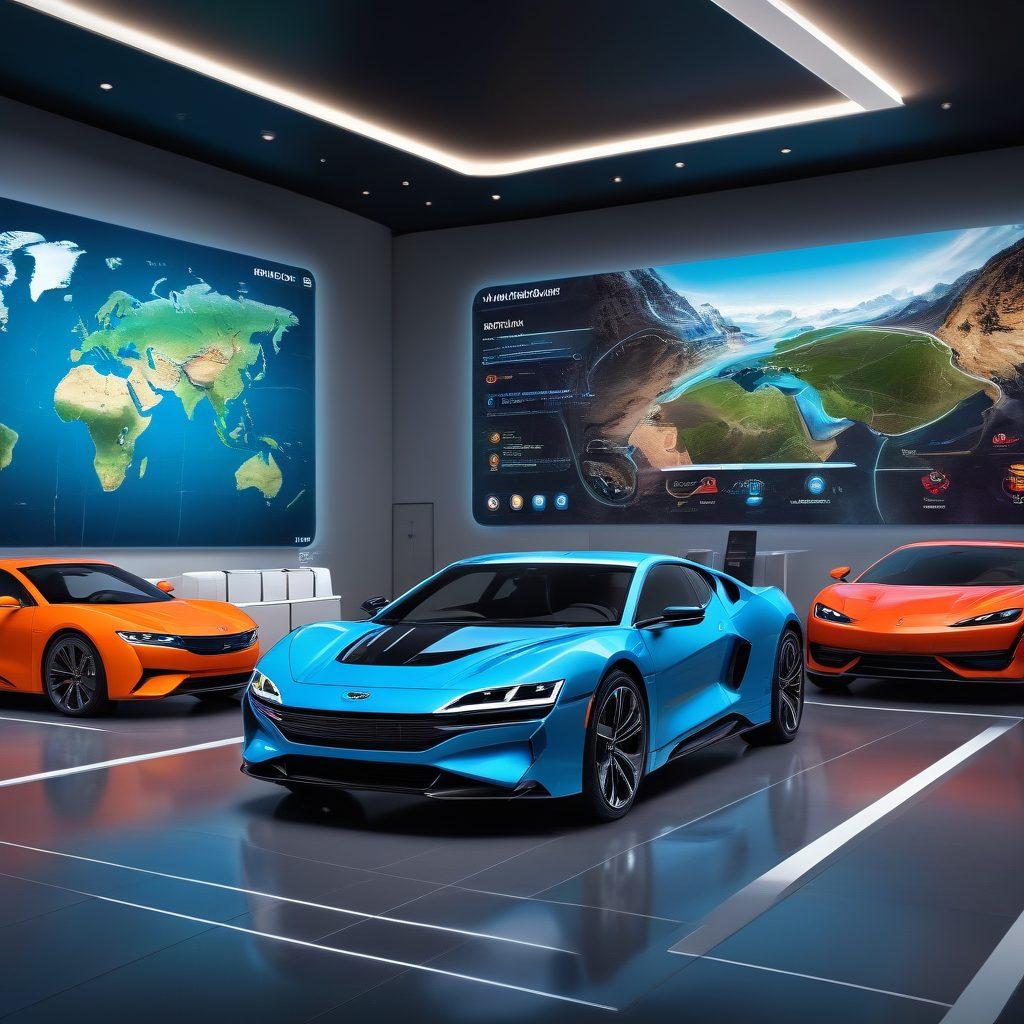 A futuristic online car dealership showing a sleek, high-tech showroom interface on a large touchscreen, with happy customers virtually browsing, buying and selling cars. Include vehicles ranging from classic to modern electric cars, digital transaction icons, and a world map showcasing global reach. Vibrant colors. 3D. Super-realistic.