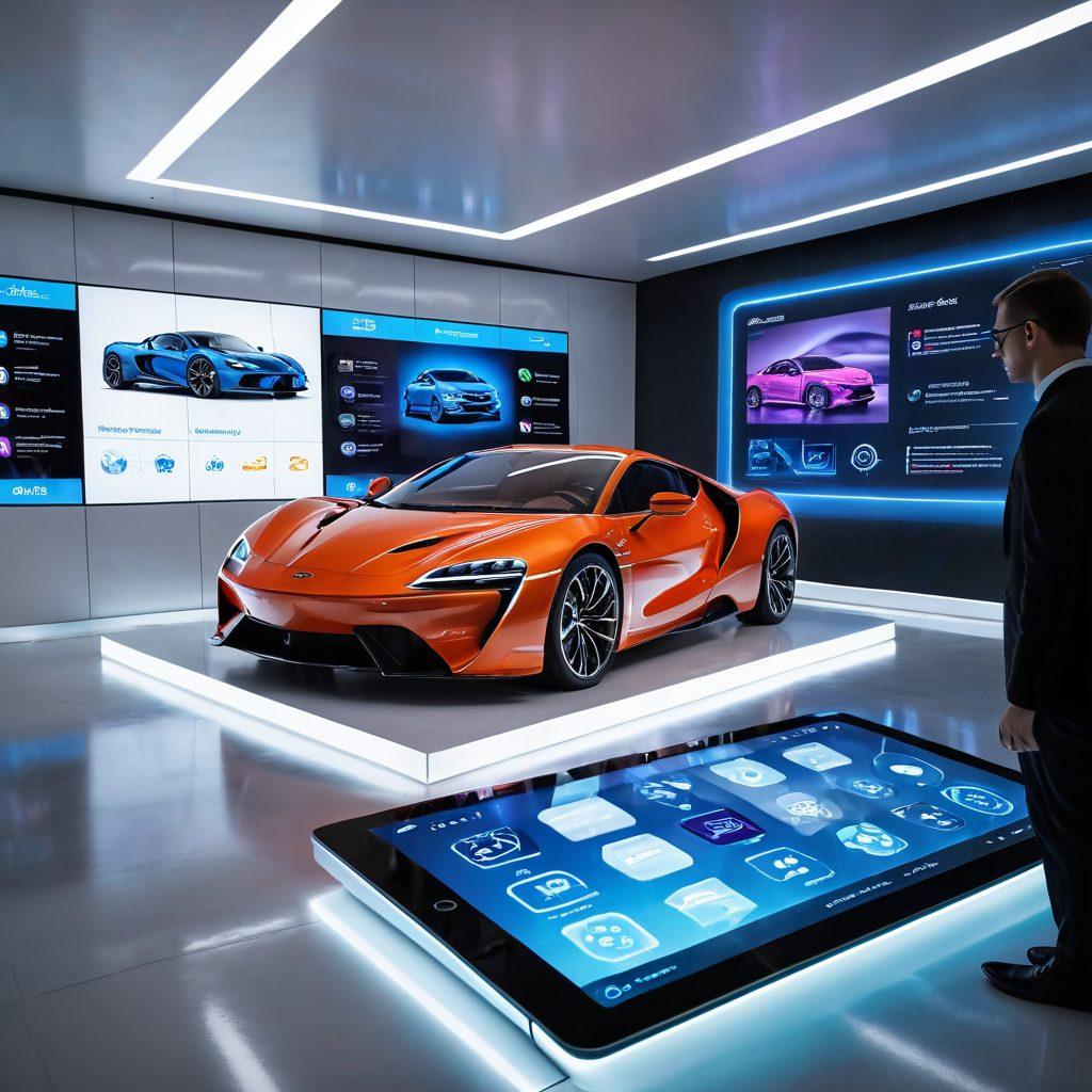 A futuristic showroom filled with sleek, modern cars, surrounded by floating digital screens displaying car details and prices. In the foreground, a person effortlessly browsing and swiping car options on a holographic tablet. Background elements include stylized bar graphs and icons representing various car features. super-realistic. vibrant colors. white background.
